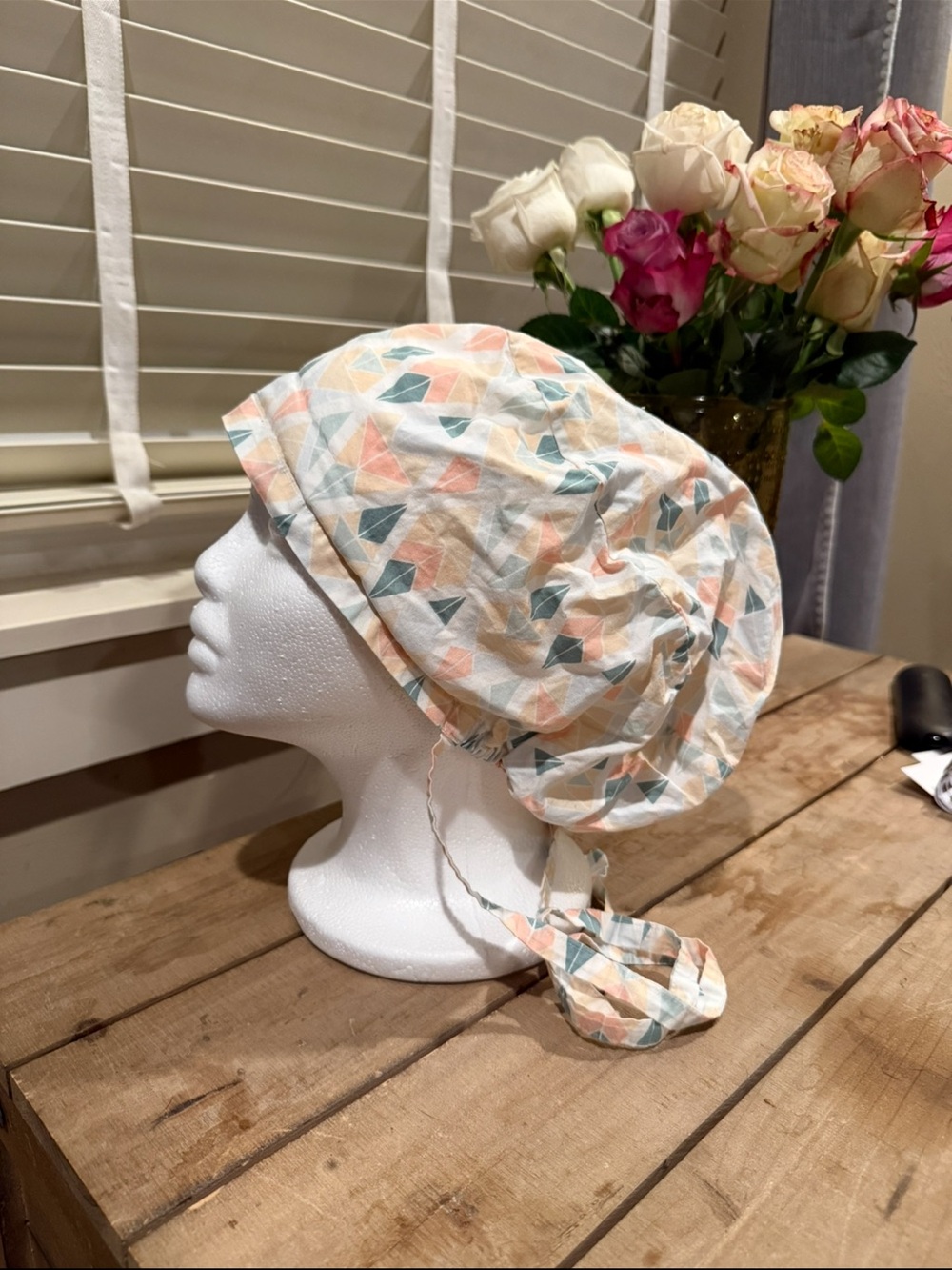 Women’s  Geometric Print Cotton Bonnet - Peach, Teal & Cream